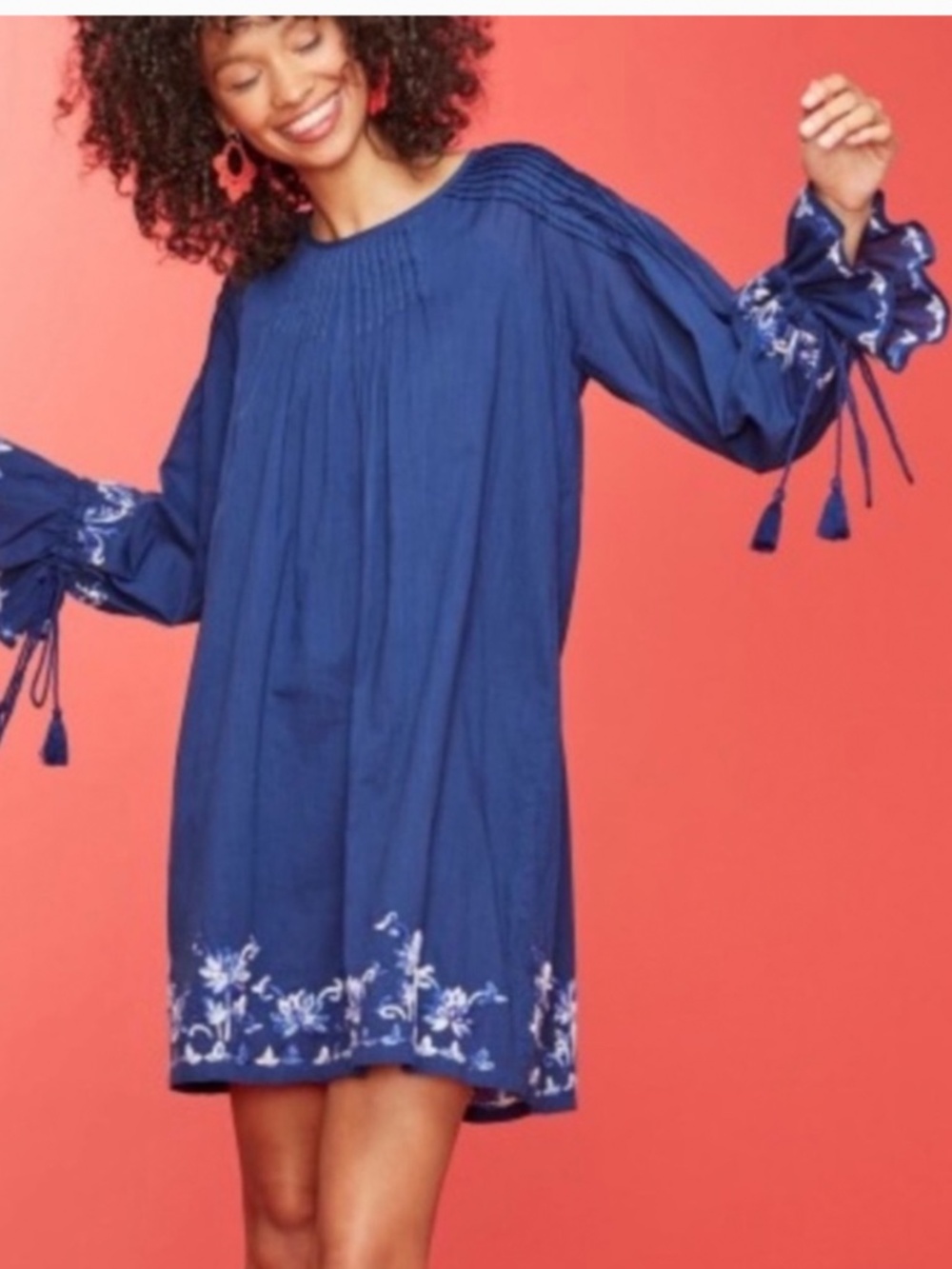 NWT, ROLLER RABBIT, NAVY BLUE LOTUS EMBROIDERED LONG SLEEVE JUNIPER DRESS